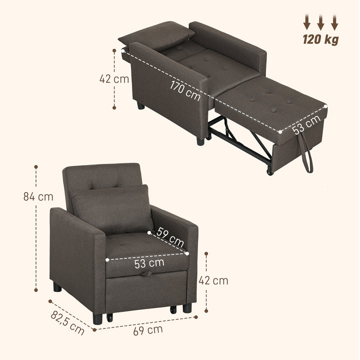 Sofá Cama Individual Poltrona com 4 Rodas Encosto Reclinável Almofada Extra e Assento Acolchoado Carga 100 kg para Escritório Dormitório Sala de Estar 69x82,5x84 cm Cinzento