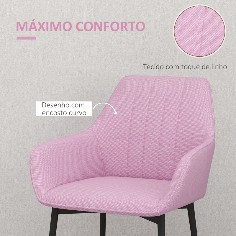 Conjunto de 2 Cadeiras de Sala de Jantar Estofadas em Linho Cadeiras de Cozinha com Encosto Apoio para os Braços e Pés de Metal 59,5x56,5x81 cm Rosa