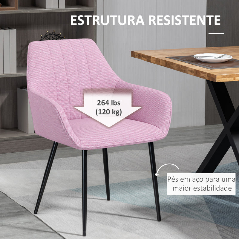 Conjunto de 2 Cadeiras de Sala de Jantar Estofadas em Linho Cadeiras de Cozinha com Encosto Apoio para os Braços e Pés de Metal 59,5x56,5x81 cm Rosa