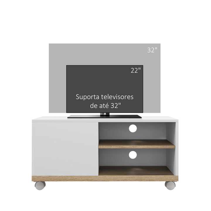 Móvel de TV Mesa de Sala de Estar Moderna de TV de 42 Polegadas com 4 Rodas com 1 Porta e 2 Prateleiras de Armazenamento 80x45x39,5 cm Branco
