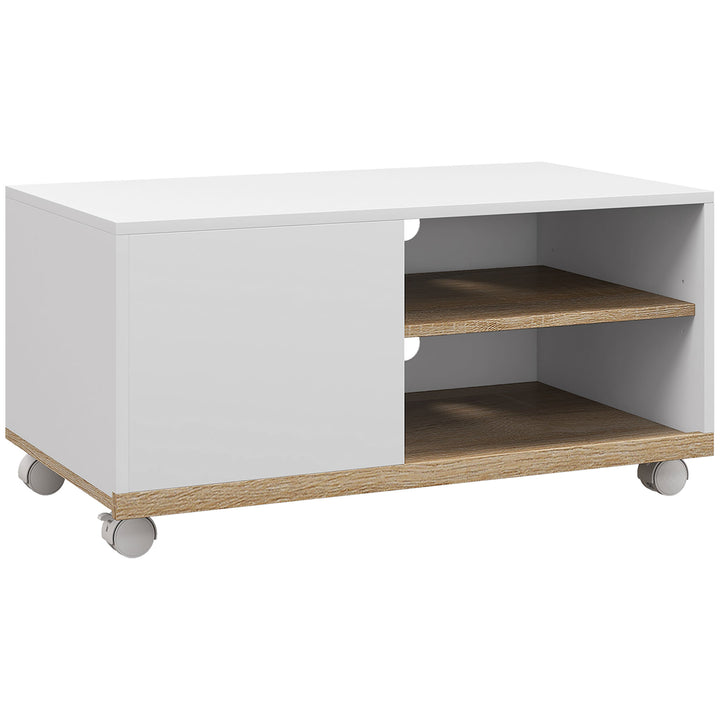 Móvel de TV Mesa de Sala de Estar Moderna de TV de 42 Polegadas com 4 Rodas com 1 Porta e 2 Prateleiras de Armazenamento 80x45x39,5 cm Branco