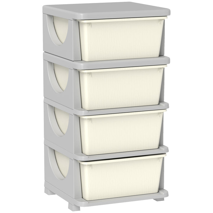 Organizador de Brinquedos com 4 Gavetas Torre de Arrumação para Crianças +3 Anos Cantos Arredondados e Pegas para Creche Sala de Brincar Quarto 37x37x76 cm Creme