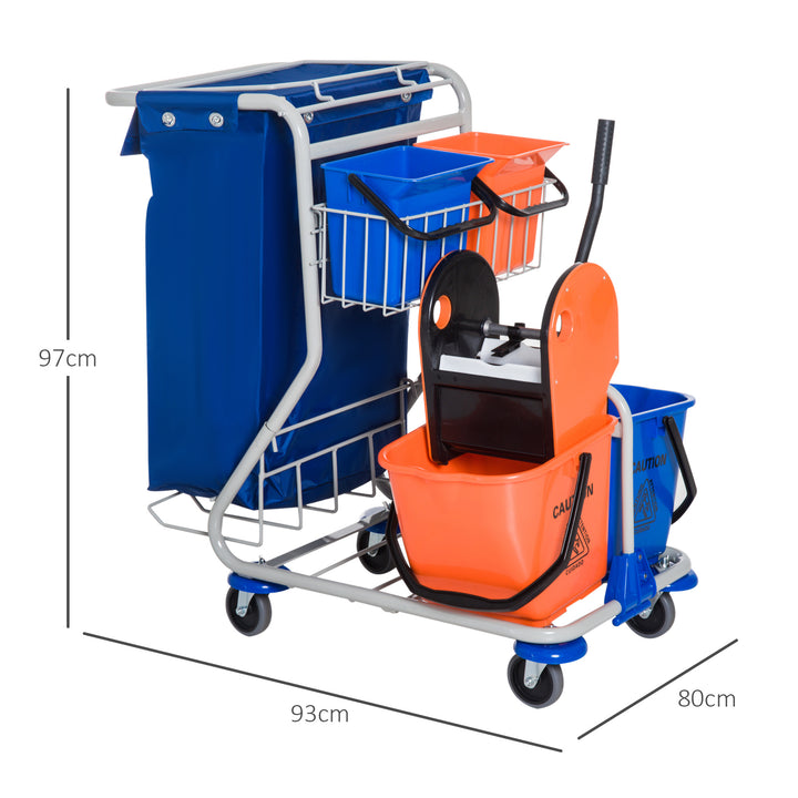 Carro de Limpeza Profissional com Balde Duplo Removível de 18 Litros Escorredor 2 Baldes Auxiliares e Bolsa de Lixo 100x70x103cm Azul e Laranja