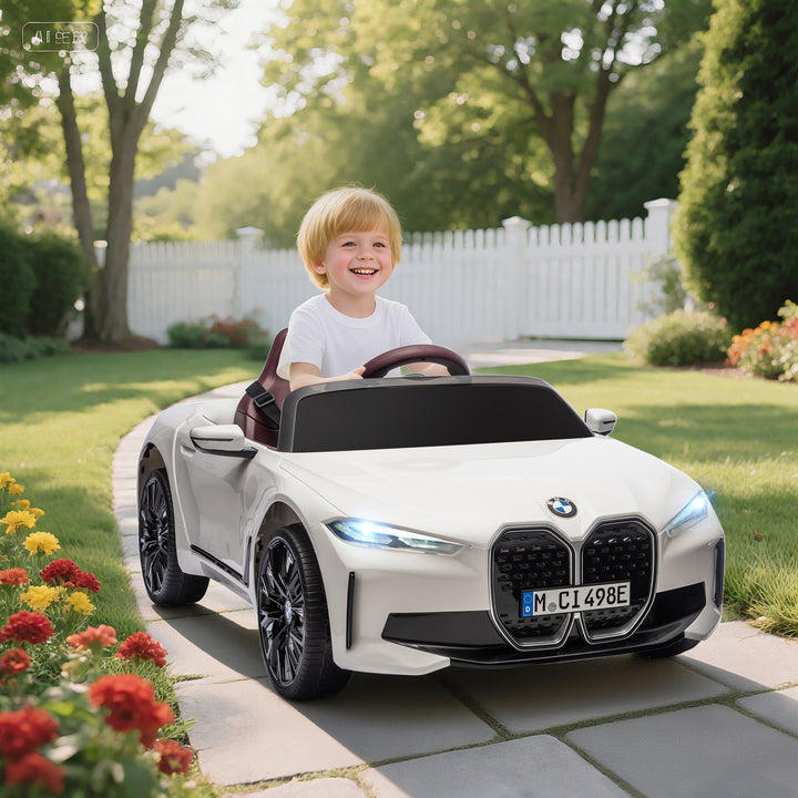 Carro Elétrico para Crianças 37-72 Meses com Licença BMW i4 Carro a Bateria 12V com Controlo Remoto Música MP3 Ecrã Luzes e Cinto de Segurança 115x67x45 cm Branco