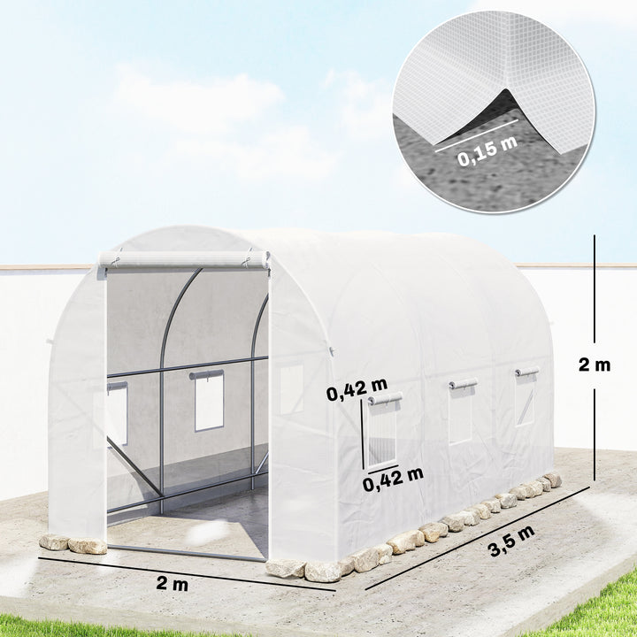 Estufa de Jardim 350x200x200 cm Estufa de Túnel com Porta Enrolável e 6 Janelas Cobertura de PE 140 g/m² Estrutura de Metal para Cultivo de Plantas Verduras Branco