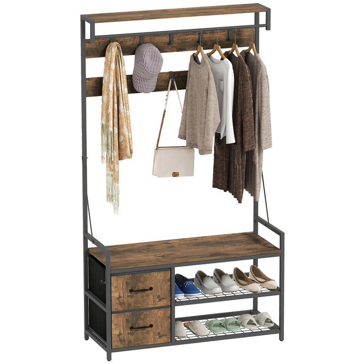 Móvel Cabide de Entrada 6 em 1 com Banco Móvel de Entrada com 10 Ganchos Ajustáveis 2 Gavetas Barra para Pendurar Estilo Industrial para Corredor 100x40x180 cm Castanho Rústico