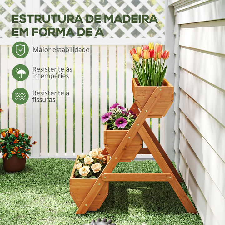 Floreira de Madeira de 3 Níveis Floreira Elevada de Exterior com Orifícios de Drenagem Ideal para Plantas e Flores Terraço ou Jardim 65x75x76 cm Castanho