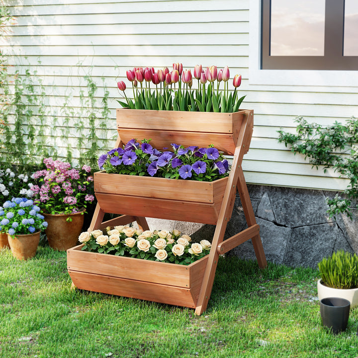Floreira de Madeira de 3 Níveis Floreira Elevada de Exterior com Orifícios de Drenagem Ideal para Plantas e Flores Terraço ou Jardim 65x75x76 cm Castanho