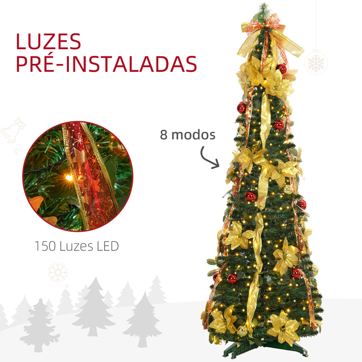 Árvore de Natal 180 cm Árvore de Natal Artificial Dobrável com Luzes LED e Decorações Pré-Instaladas Decoração de Natal para Interior Ø60x180 cm Verde