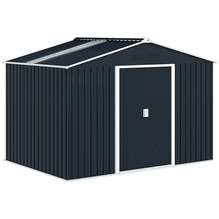 Abrigo de Jardim Exterior 4,9 m² 277x195x192 cm Abrigo de Jardim Metálico com Telhado de Fibra de Vidro Portas Deslizantes Base Reforçada (Chão NÃO Incluído) e Janelas Cinzento Escuro