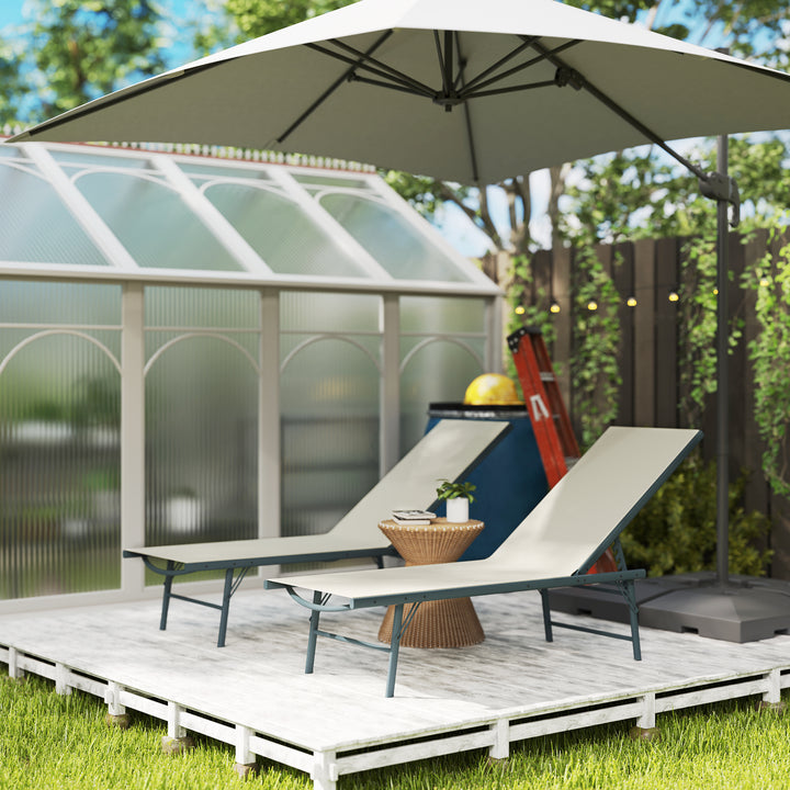 Conjunto de 2 Espreguiçadeiras Jardim Exterior Espreguiçadeiras Dobráveis Reclináveis em 5 Posições com Estrutura Metálica e Assento de Malha Transpirável 164x54x84 cm Creme