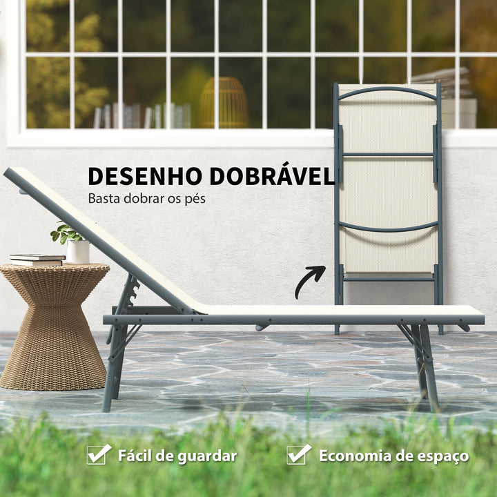 Conjunto de 2 Espreguiçadeiras Jardim Exterior Espreguiçadeiras Dobráveis Reclináveis em 5 Posições com Estrutura Metálica e Assento de Malha Transpirável 164x54x84 cm Creme