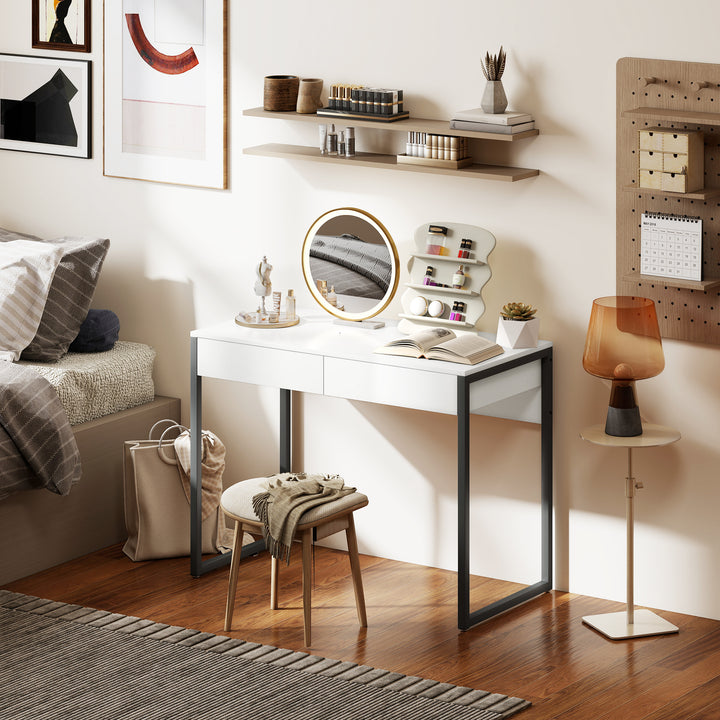 Secretária com 2 Gavetas 100x50x75 cm Mesa de Computador com Estrutura de Aço para Casa Escritório Espaços Pequenos Branco Brilhante