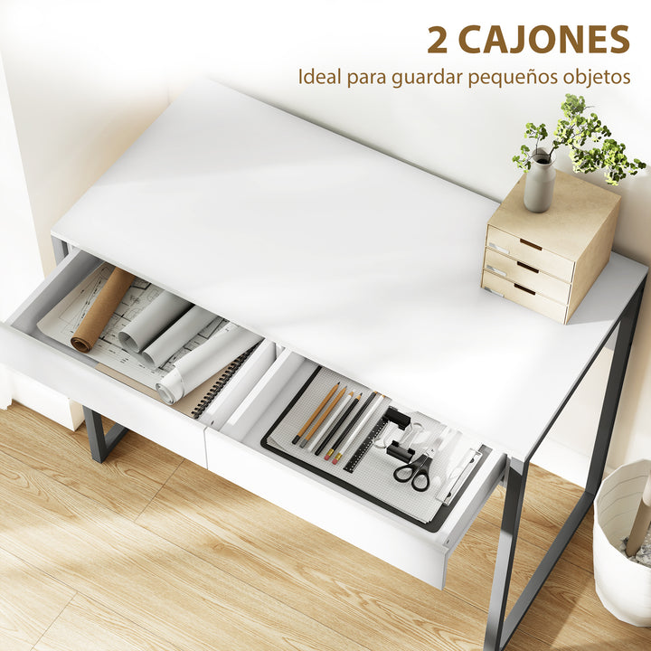 Secretária com 2 Gavetas 100x50x75 cm Mesa de Computador com Estrutura de Aço para Casa Escritório Espaços Pequenos Branco Brilhante