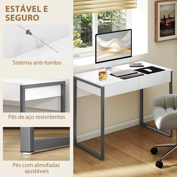 Secretária com 2 Gavetas 100x50x75 cm Mesa de Computador com Estrutura de Aço para Casa Escritório Espaços Pequenos Branco Brilhante