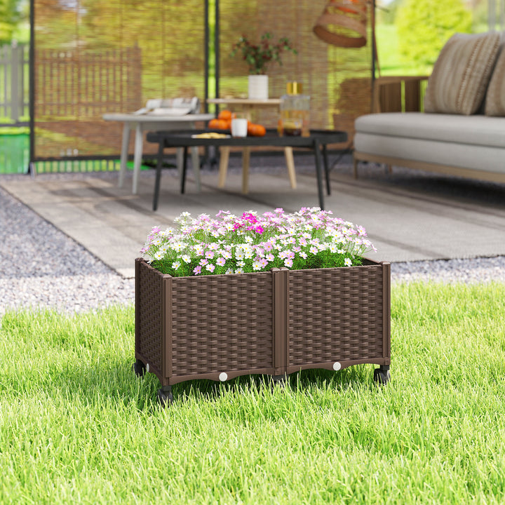 Floreira Elevada com 6 Rodas Floreira Móvel em Plástico com Autorrega e Drenagem Floreira para Cultivo Plantas Jardim Terraço 80x40x43 cm Castanho