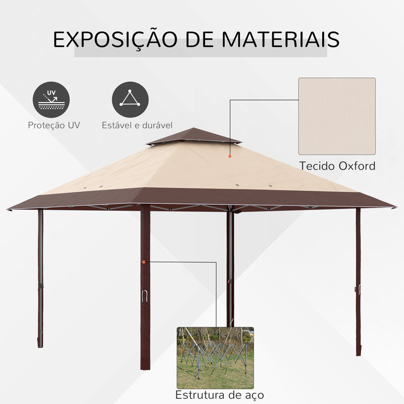 Tenda Dobrável 3,85x3,85 m Tenda de Jardim com Telhado Duplo Altura Ajustável com Bolsa de Transporte Proteção UV para Festas Casamentos Cáqui e Café