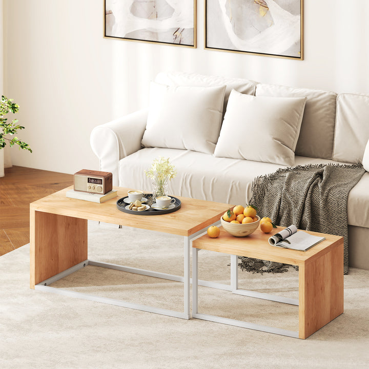 Conjunto de 2 Mesas de Centro Mesas de Café com Pés de Metal Estilo Industrial para Sala de Estar Sala de Jantar 90x48x42 cm e 59x42x36 cm Branco e Madeira