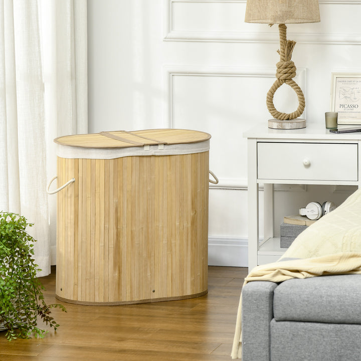 Cesto de Roupa Suja com Tampa 100L Cesto de Bambu com 2 Compartimentos Forro Interior Removível e Lavável Alças para Lavandaria Quarto 62,5x37x60,5 cm Madeira
