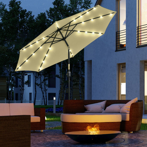 Chapéu de Sol com 32 Luzes LED Solares Ø265x233cm Chapéu de Sol Inclinável com Manivela e Mastro de Aço para Terraço Pátio Exterior Bege