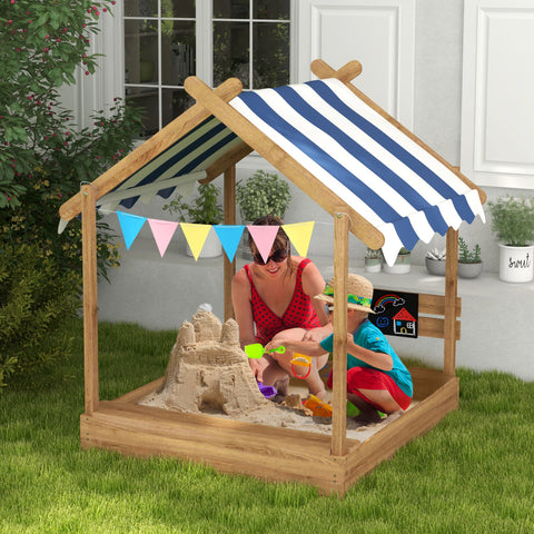 Caixa de Areia para Crianças de Madeira Caixa de Areia Infantil com Toldo 6 Bandeirinhas Torneira e Ardósia em Forma de Casa para Pátio Jardim 124x116x146 cm Castanho