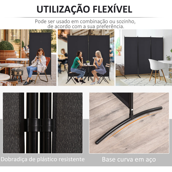 Biombo de 3 Paineis Separador de Ambientes Dobrável 253x50x182 cm Divisor de Ambientes Biombo de Privacidade com 6 Pés de Metal para Escritório Dormitório Preto