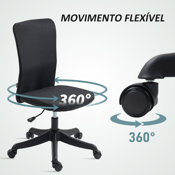 Cadeira de Escritório sem Apoio para os Braços Cadeira de Escritório Giratória Estofada em Linho Sintético com Altura Ajustável para Estudo Dormitório Tocador Carga 120 kg 53x43x85-93 cm Preto