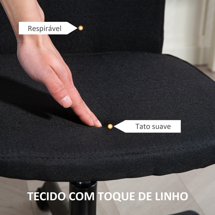 Cadeira de Escritório sem Apoio para os Braços Cadeira de Escritório Giratória Estofada em Linho Sintético com Altura Ajustável para Estudo Dormitório Tocador Carga 120 kg 53x43x85-93 cm Preto