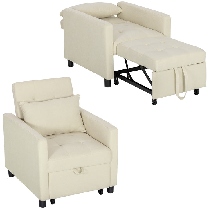 Sofá Cama Individual Poltrona com 4 Rodas Encosto Reclinável Almofada Extra e Assento Acolchoado Carga 100 kg para Escritório Dormitório Sala de Estar 69x82,5x84 cm Bege