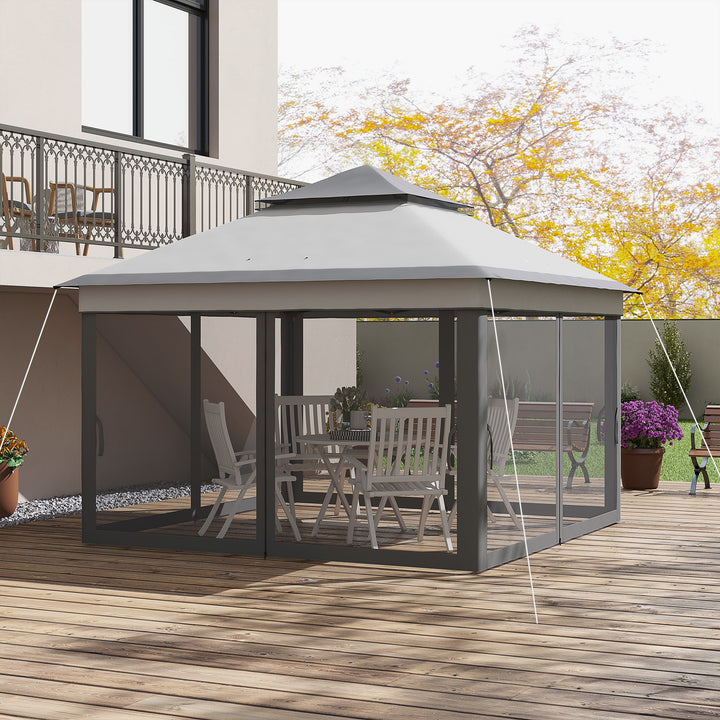 Tenda Dobrável 3,26x3,26x2,72 m Tenda de Jardim com Duplo Teto Altura Ajustável 4 Painéis de Malha Proteção UV30+ e Bolsa de Transporte para Festas Campismo Cinza