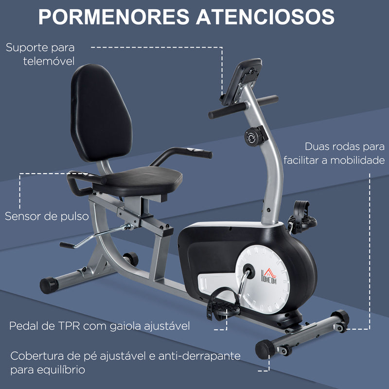 Bicicleta Estática com Encosto Bicicleta de Exercícios Fitness com 8 Níveis de Resistência Magnética Comprimento Ajustável Ecrã LCD para Casa Escritório Ginásio Cinza