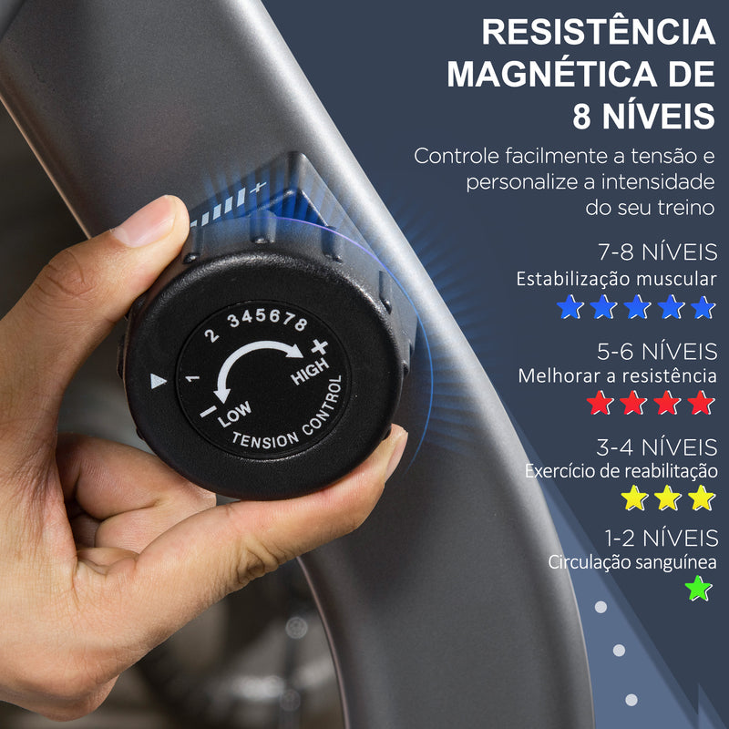 Bicicleta Estática com Encosto Bicicleta de Exercícios Fitness com 8 Níveis de Resistência Magnética Comprimento Ajustável Ecrã LCD para Casa Escritório Ginásio Cinza