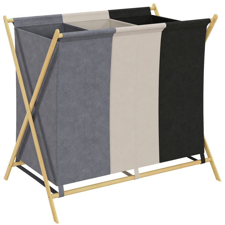 Cesto para Roupa Suja Dobrável com 3 Compartimentos Capacidade de 129L Cesto para a Lavandaria com Estrutura em Forma de X de Bambu e Sacos Removíveis 75x48x67 cm Multicolor