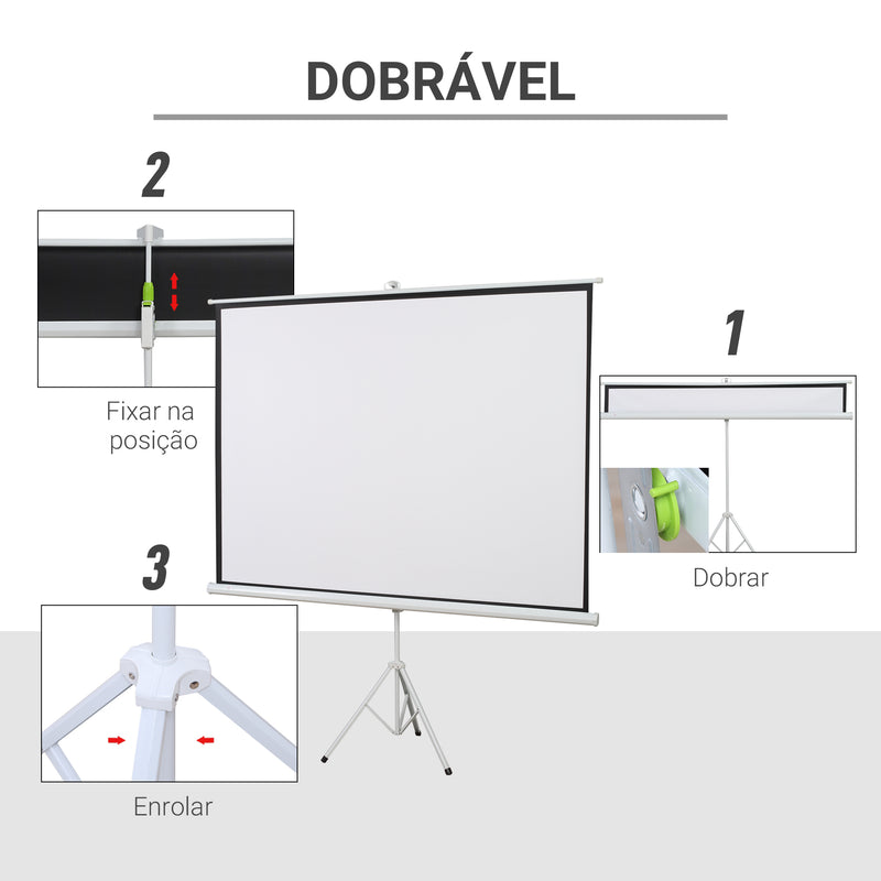 Ecrã de Projeção Manual com Suporte 100 Polegadas Ecrã de Projeção Portátil Formato 4:3 para Interior e Exterior Cinema em Casa Pátio 203x152 cm Branco