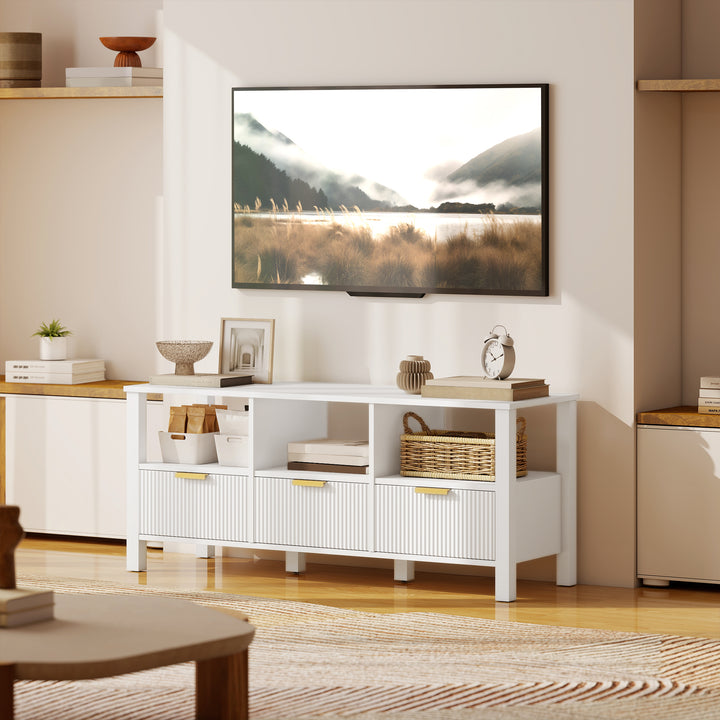 Móvel de TV Moderno Móvel de TV para Sala de Estar com 3 Gavetas e 3 Prateleiras Abertas para Televisores de 43-55 Polegadas 120x39,5x50 cm Branco