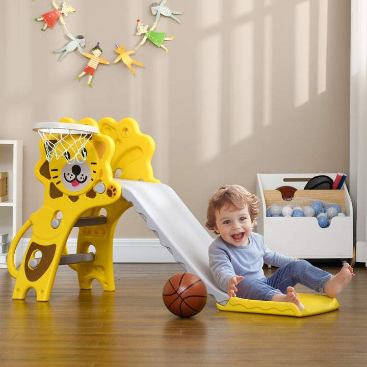 Escorrega para Crianças 2 em 1 Escorrega para Crianças de 18 a 36 Meses com 2 Degraus Cesta de basquetebol e Desenho de Leão para Interior 131x50x74 cm Amarelo e Cinza