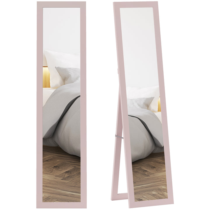 Espelho de Corpo Inteiro 37x155 cm Espelho de Pé Espelho de Parede Retangular com Estrutura de Madeira Decorativo para Sala de Estar Dormitório Corredor Rosa Claro
