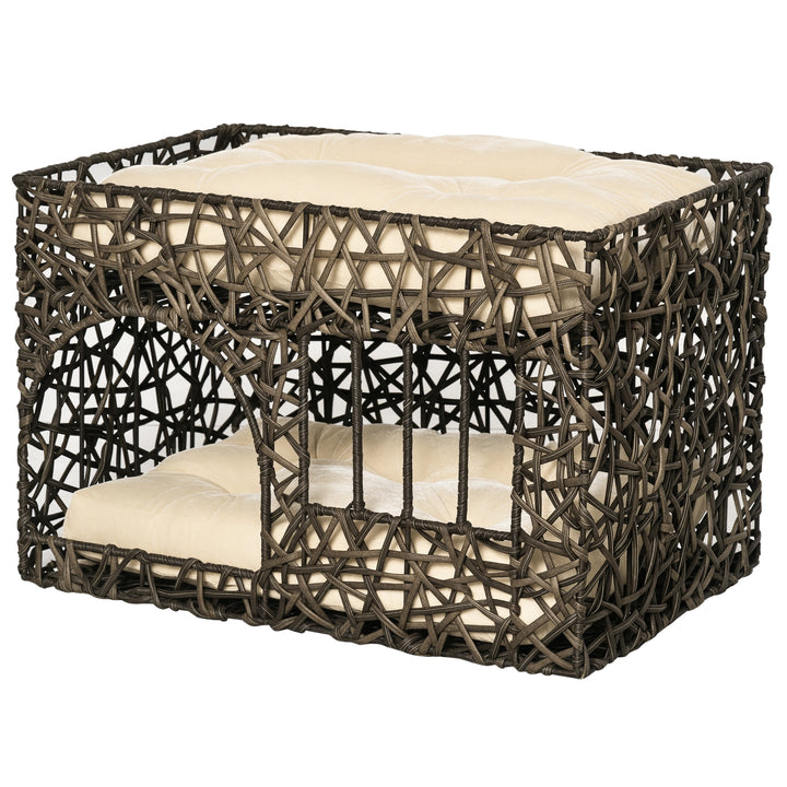 Cesta de Vime para Gatos de 2 Alturas Cama Caverna de Gatos com 2 Almofadas Suaves e Janela 56x41x45cm Café Escuro