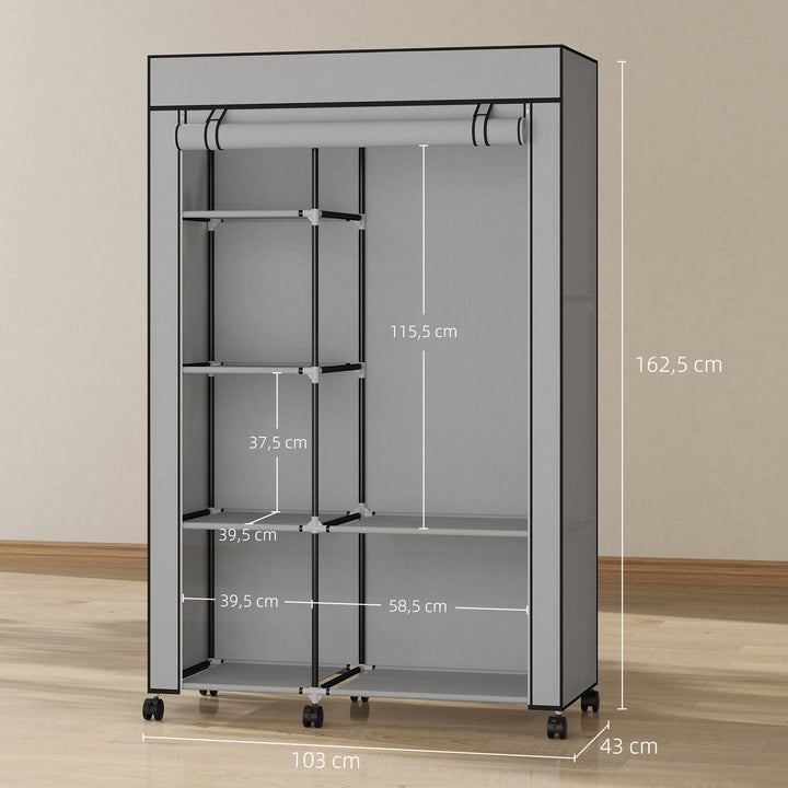 Roupeiro de Tecido Dobrável Armário de Roupa Portátil com 6 Prateleiras 1 Barra de Pendurar e Rodas para Dormitório Vestidor 103x43x162,5 cm Cinza Claro