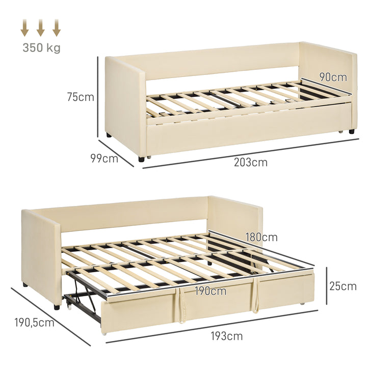 Cama Individual Dupla 2 em 1 com Base Metálica Estofada em Veludo e Cama Inferior Extraível com Rodas para Colchões de 90x190 cm Carga 350 kg Creme