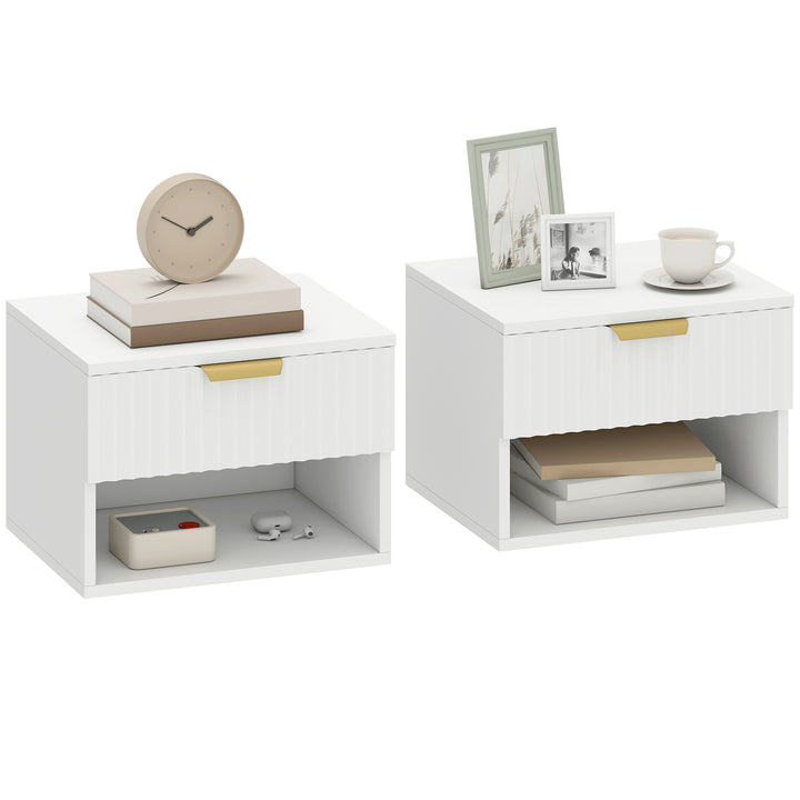 Conjunto de 2 Mesas de Cabeceira Flutuantes Estreitas Mesas de Cabeceira para Quarto com Gaveta com Frente Canelada e Prateleira Aberta 40x34x29 cm Branco
