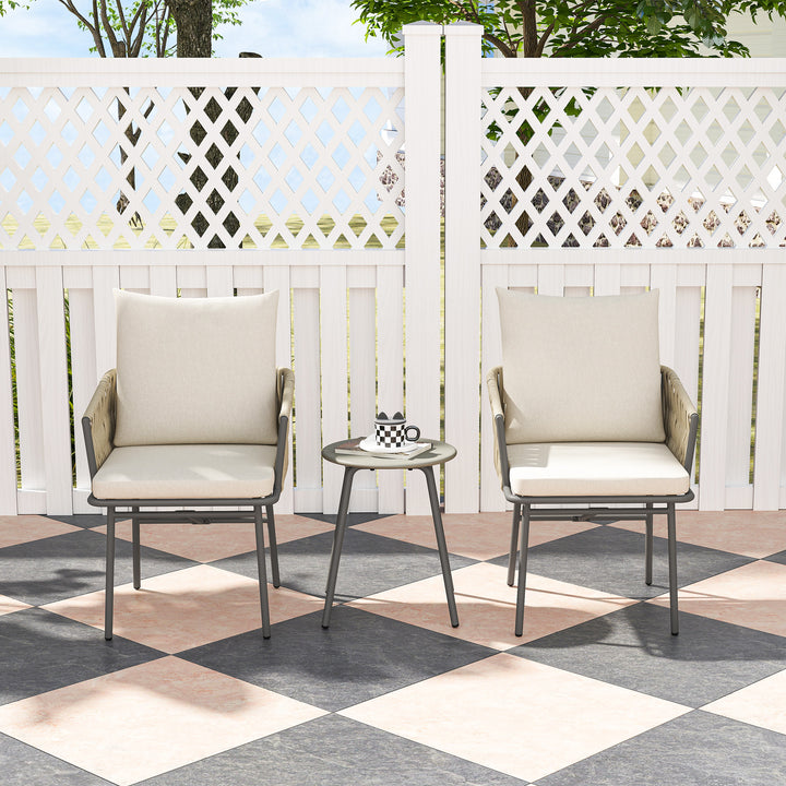 Conjunto de Jardim de 3 Peças Móveis de Jardim com 2 Cadeiras com Almofadas Removíveis e Laváveis e Mesa com Bancada de Metal Impermeável e Anti-UV para Varanda e Pátio Cinza e Creme
