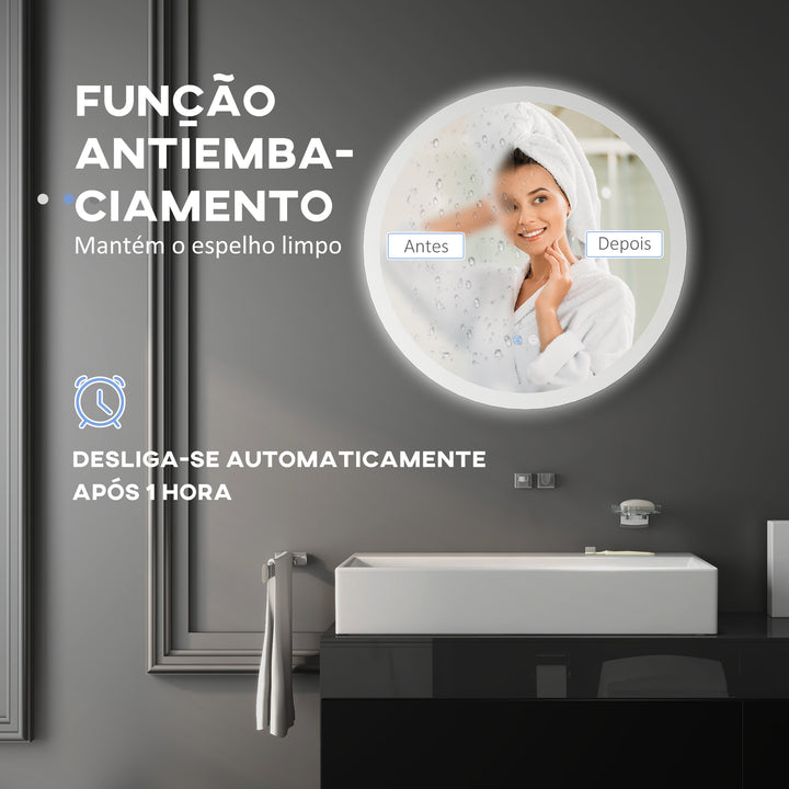 Espelho Casa de Banho Redondo com Luzes LED 70x70 cm Espelho com Iluminação Função Antiembaciamento 3 Luzes Função de Memória e Interruptor Tátil Prata