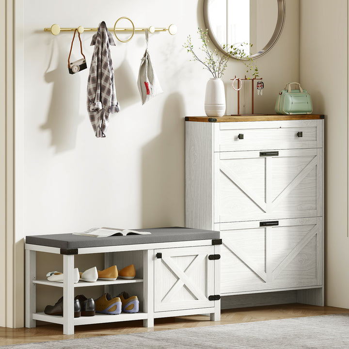 Banco Sapateira Rústico Sapateira com Assento Organizador de Sapatos com Compartimentos Almofada para 7 Pares de Sapatos para Entrada Sala de Estar Quarto 100x40x48 cm Branco com Veios e Cinza