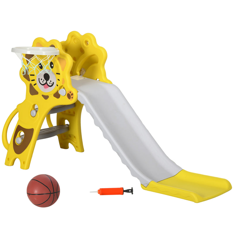 Escorrega para Crianças 2 em 1 Escorrega para Crianças de 18 a 36 Meses com 2 Degraus Cesta de basquetebol e Desenho de Leão para Interior 131x50x74 cm Amarelo e Cinza