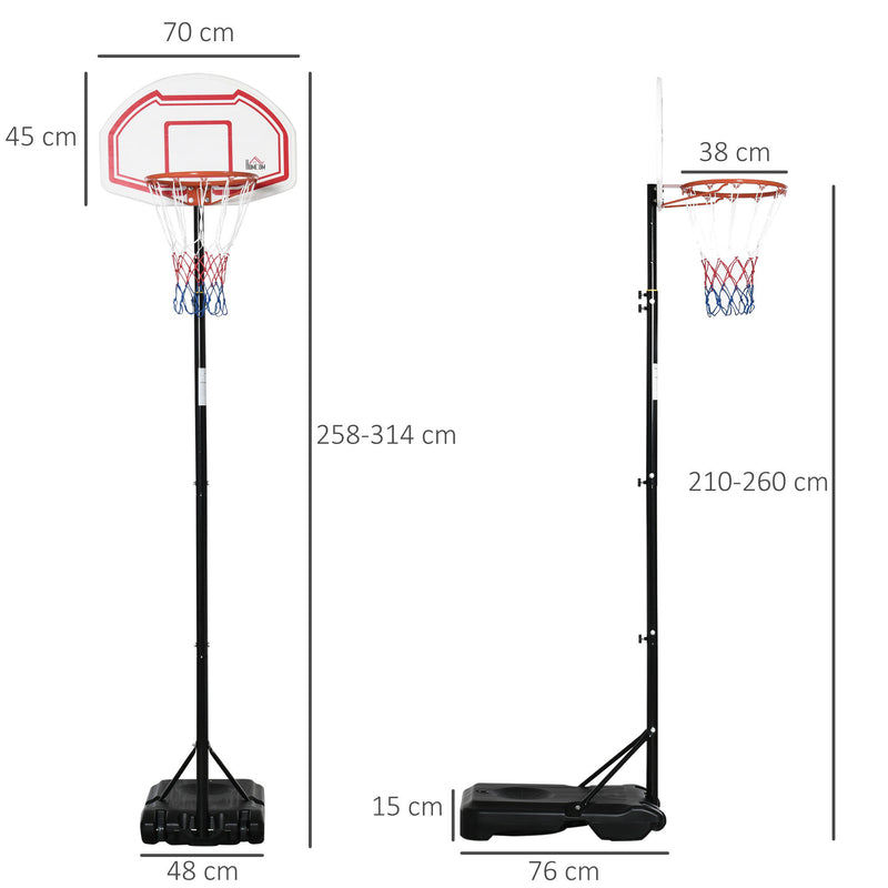 Tabela de Basquetebol para Exterior com Altura Ajustável 258x314 cm Cesta de Basquetebol com Rodas Base Recaregável para Adolescentes e Adultos Preto e Vermelho