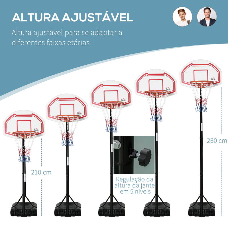 Tabela de Basquetebol para Exterior com Altura Ajustável 258x314 cm Cesta de Basquetebol com Rodas Base Recaregável para Adolescentes e Adultos Preto e Vermelho