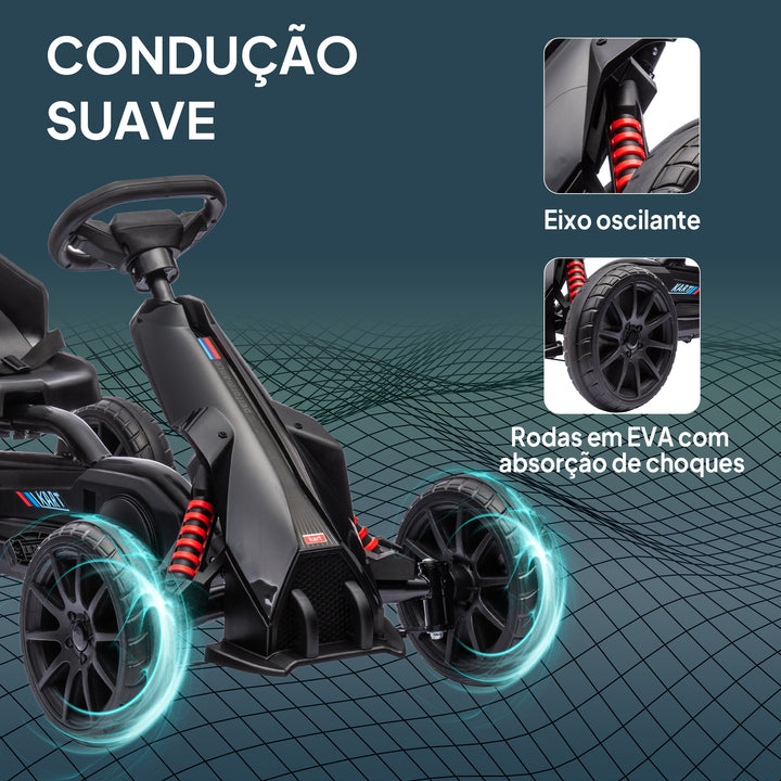 Kart a Pedais Infantil Kart a Pedais para Crianças de 3-8 Anos com Assento Ajustável em 4 Posições, Travão de Mão e Rodas de EVA Carga 30 kg Preto