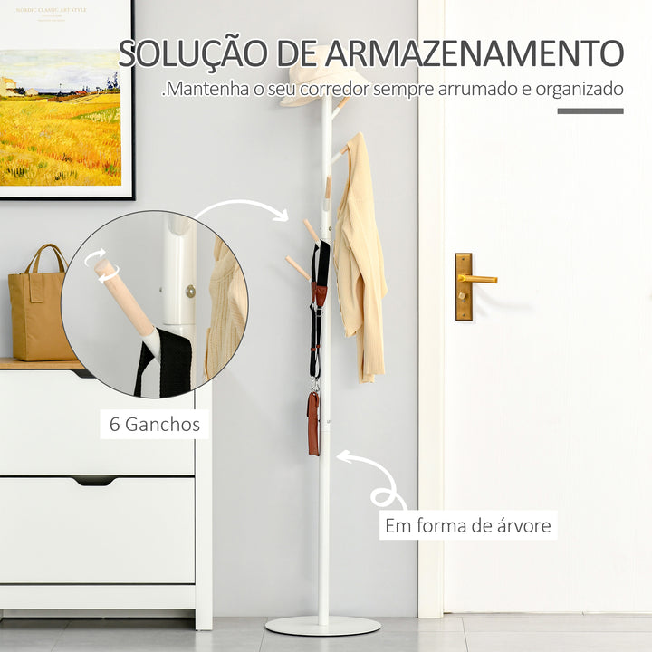 Cabide de Pé de Madeira Cabide de Pé com 6 Ganchos para Roupa Bolsas e Estrutura de Metal para Sala de Estar Entrada Dormitório 35x35x174cm Branco e Madeira