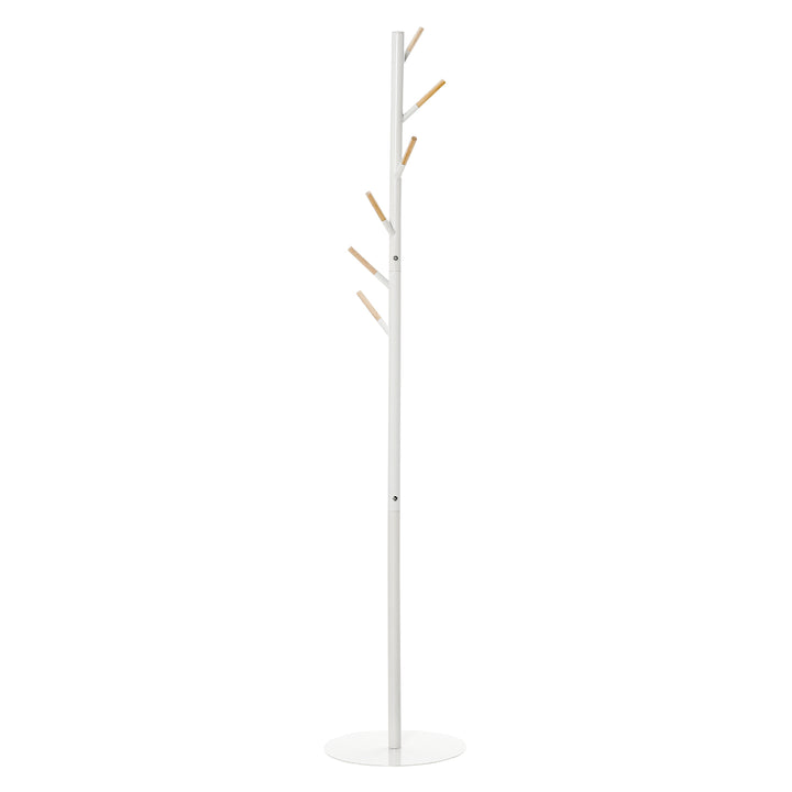 Cabide de Pé de Madeira Cabide de Pé com 6 Ganchos para Roupa Bolsas e Estrutura de Metal para Sala de Estar Entrada Dormitório 35x35x174cm Branco e Madeira